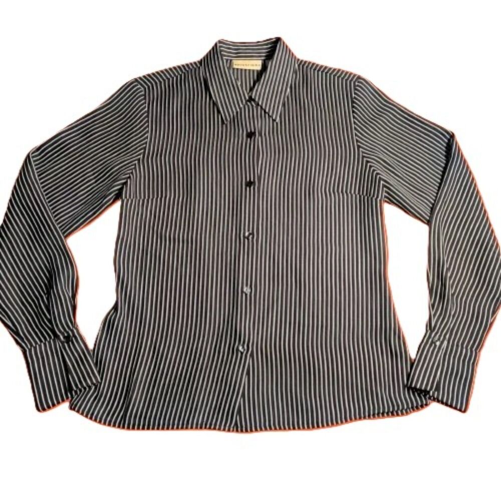 Apostrophe Women’s Button Front Blouse Size 6 Brown White Striped Long Sleeve